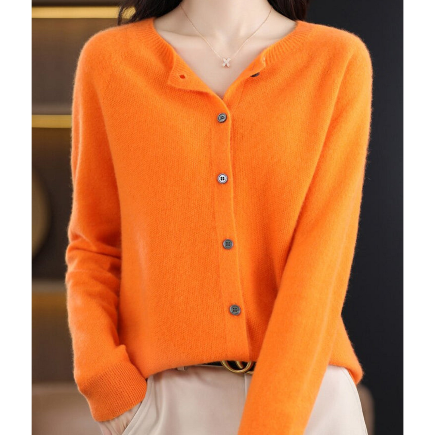 Pure Merino Wool Ladies O-neck Cardigan Sweater Orange