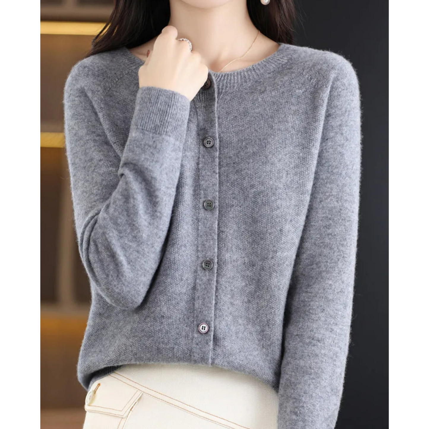 Pure Merino Wool Ladies O-neck Cardigan Sweater Grey