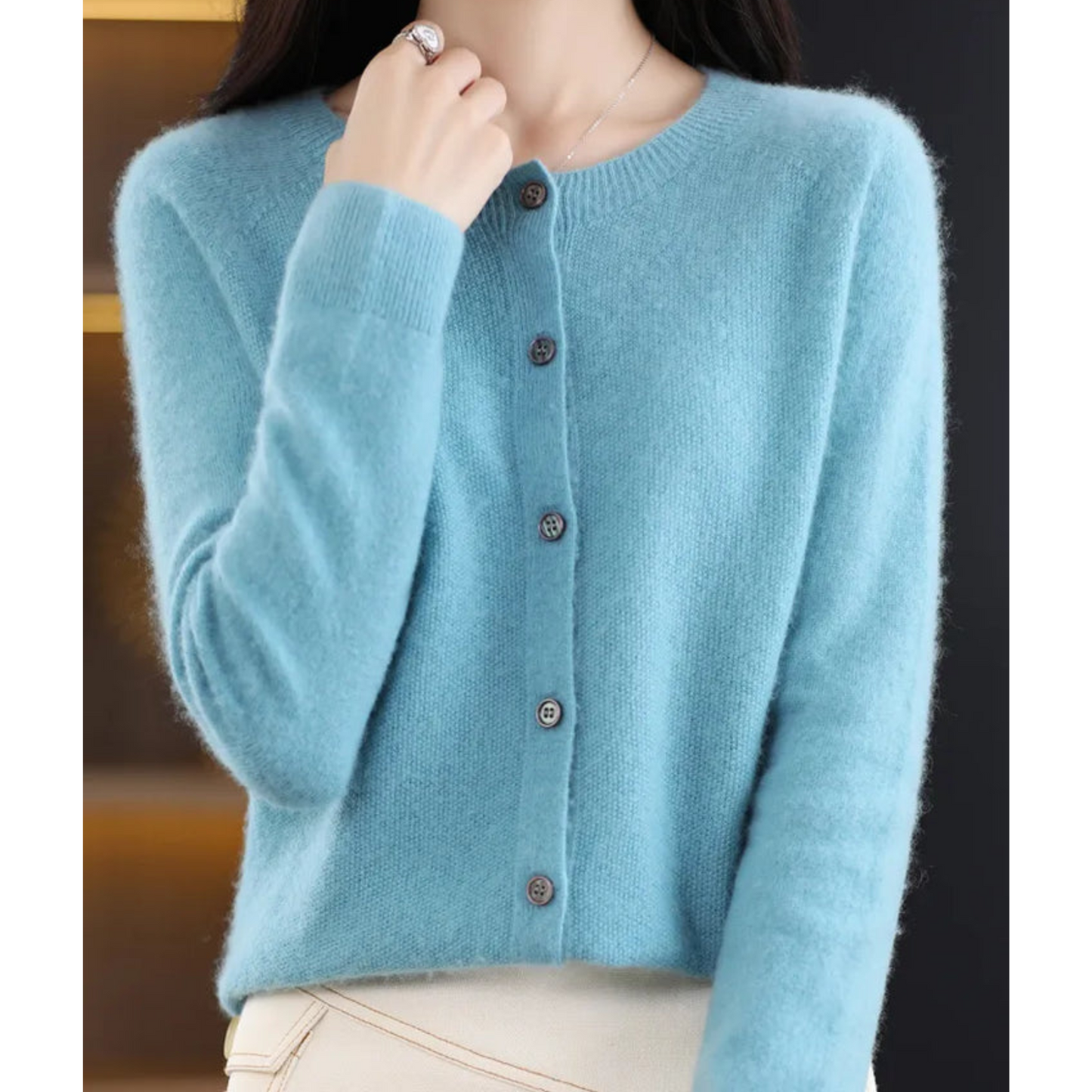 Pure Merino Wool Ladies O-neck Cardigan Sweater Light Blue