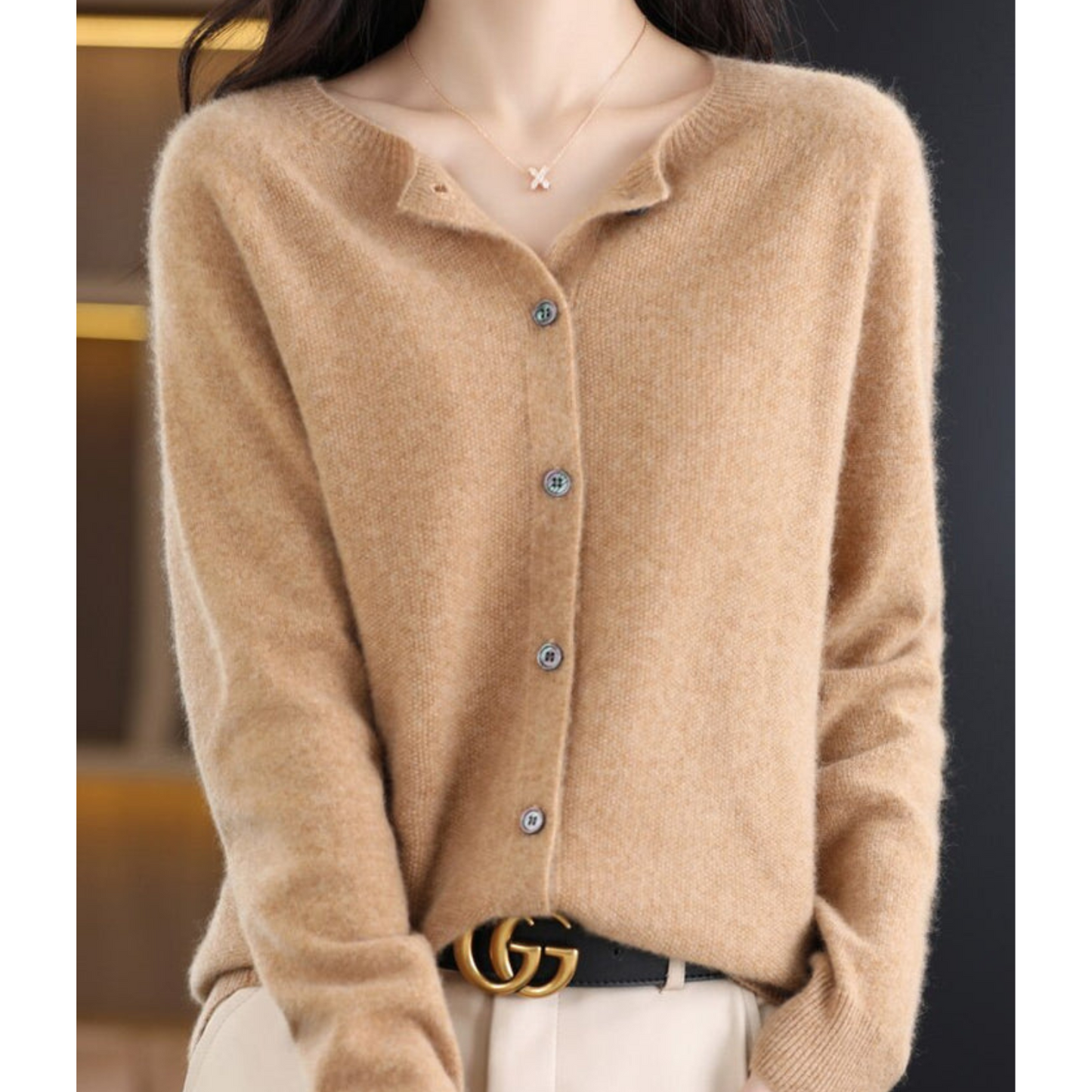 Pure Merino Wool Ladies O-neck Cardigan Sweater Light Brown