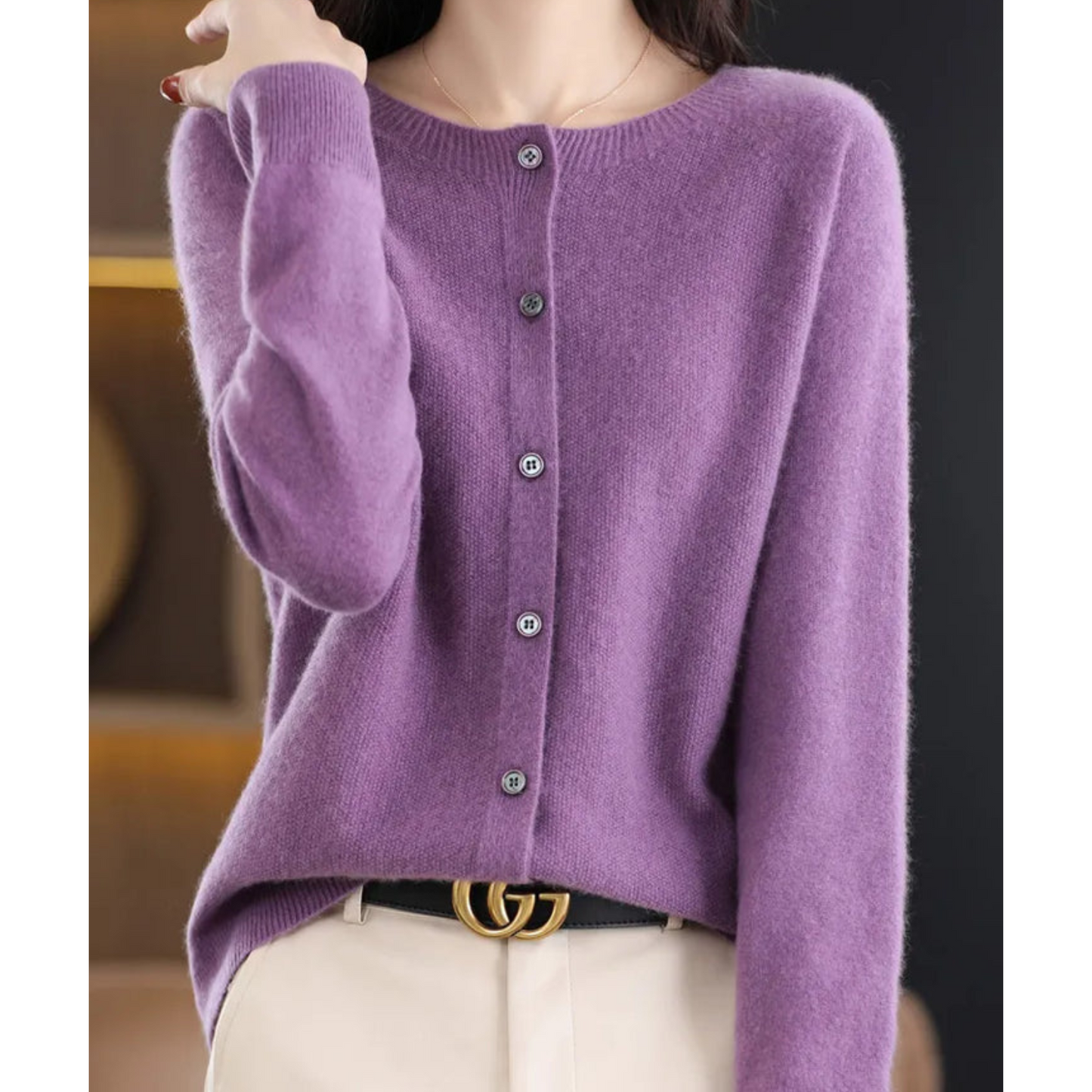 Pure Merino Wool Ladies O-neck Cardigan Sweater Purple