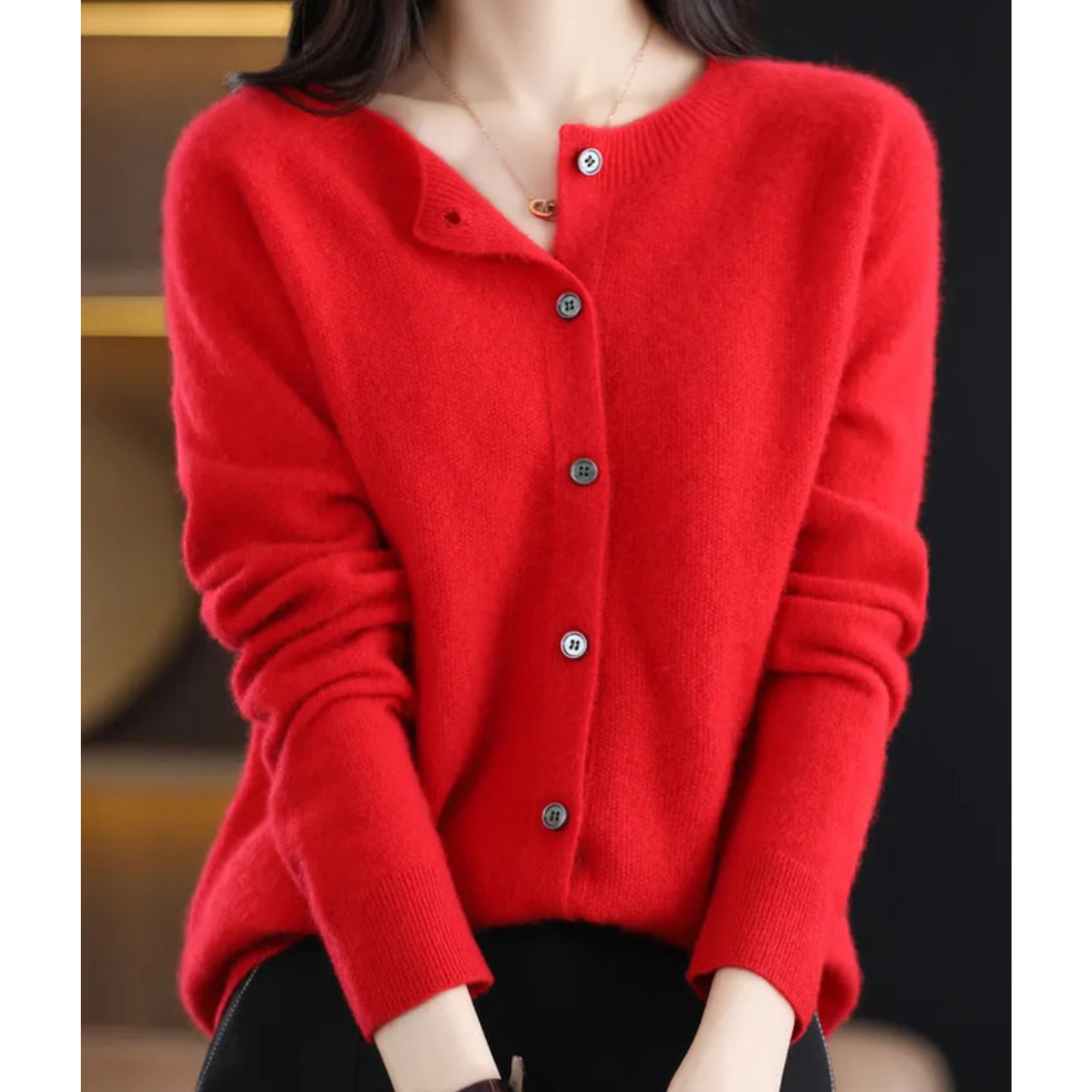 Pure Merino Wool Ladies O-neck Cardigan Sweater Red