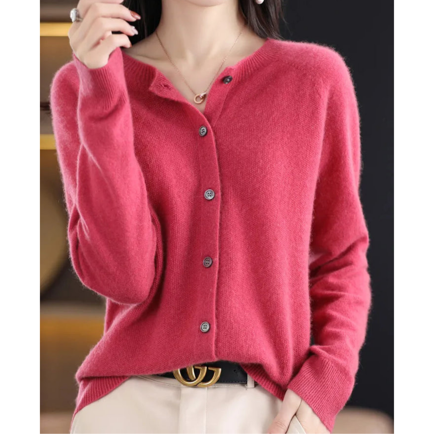 Pure Merino Wool Ladies O-neck Cardigan Sweater Dark Pink