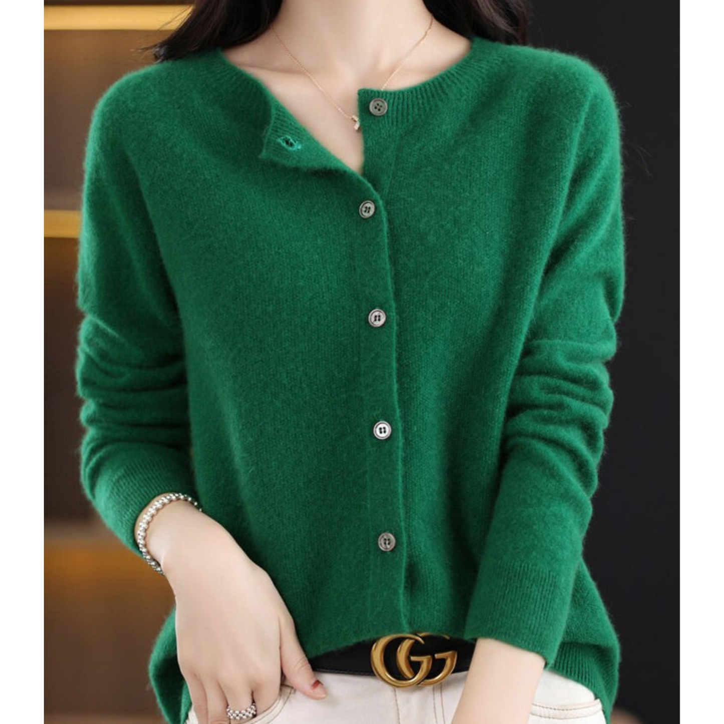 Pure Merino Wool Ladies O-neck Cardigan Sweater Dark Green