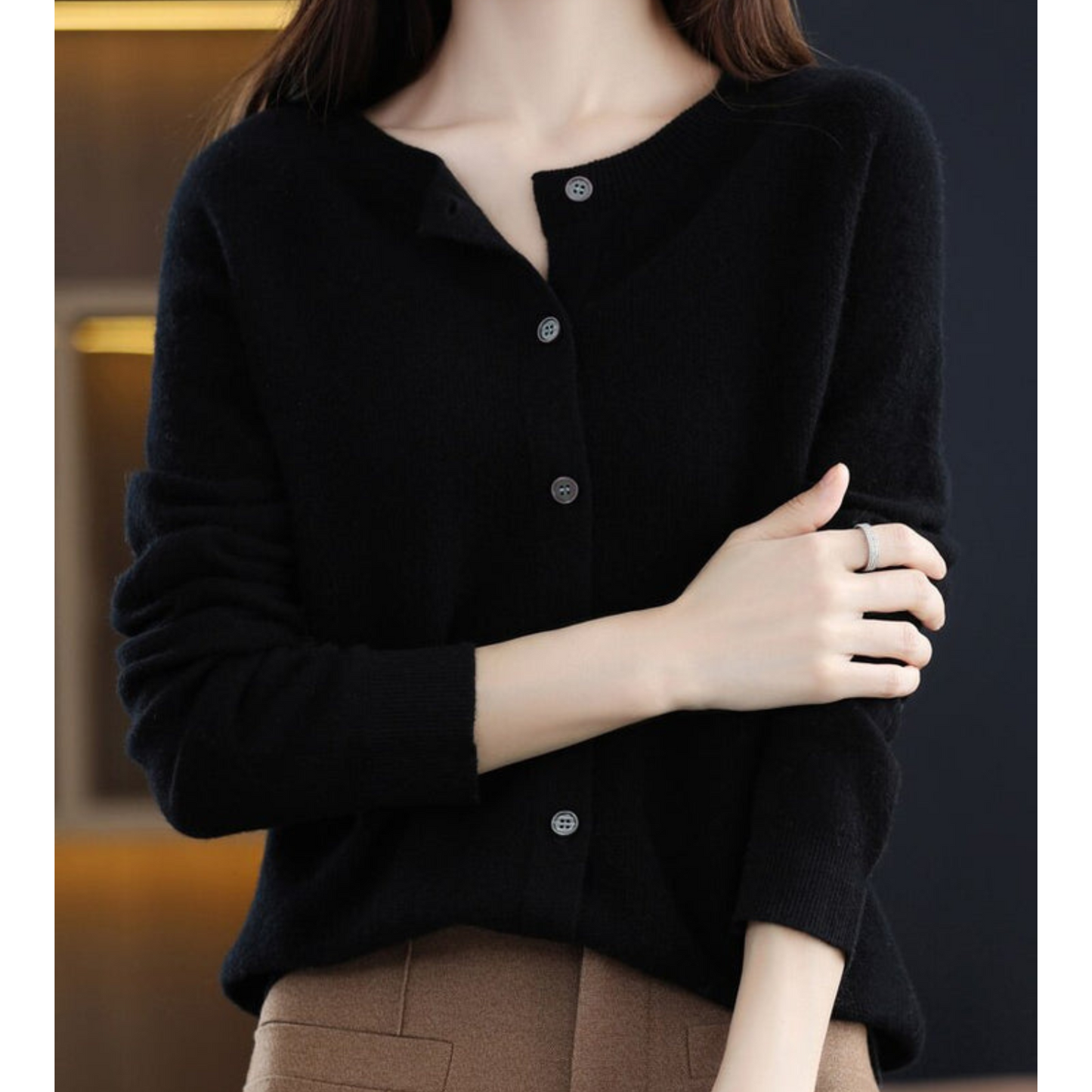 Pure Merino Wool Ladies O-neck Cardigan Sweater Black