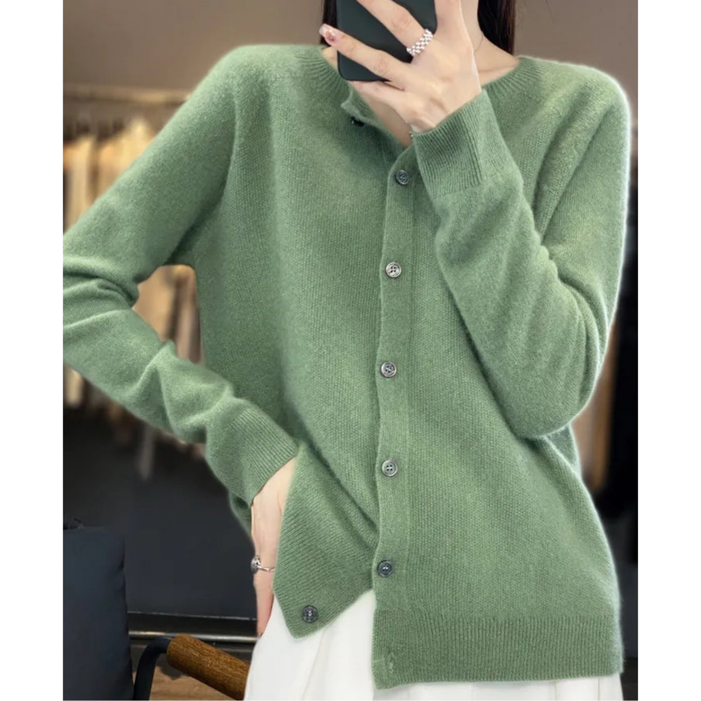 Pure Merino Wool Ladies O-neck Cardigan Sweater Light Green