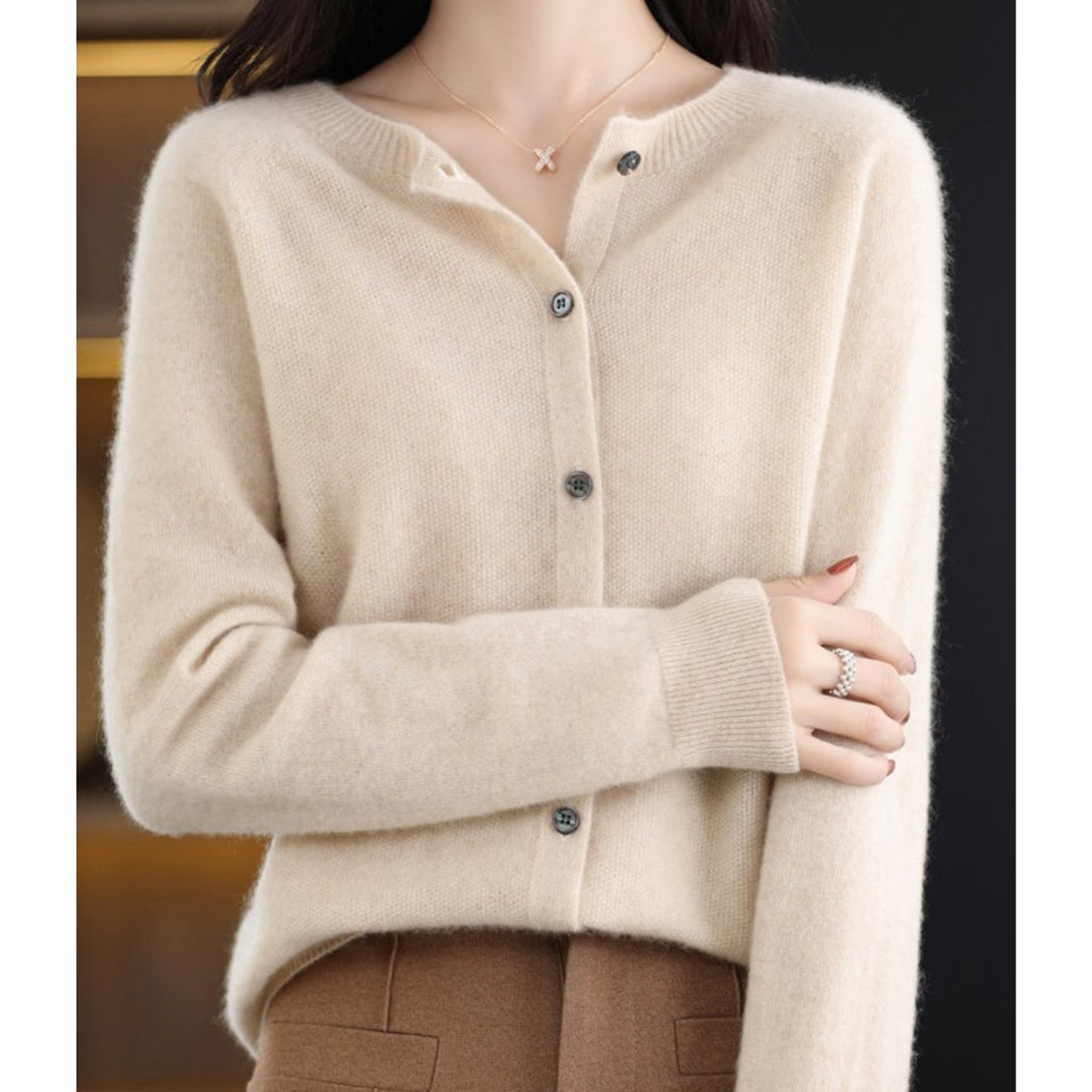 Pure Merino Wool Ladies O-neck Cardigan Sweater Khaki