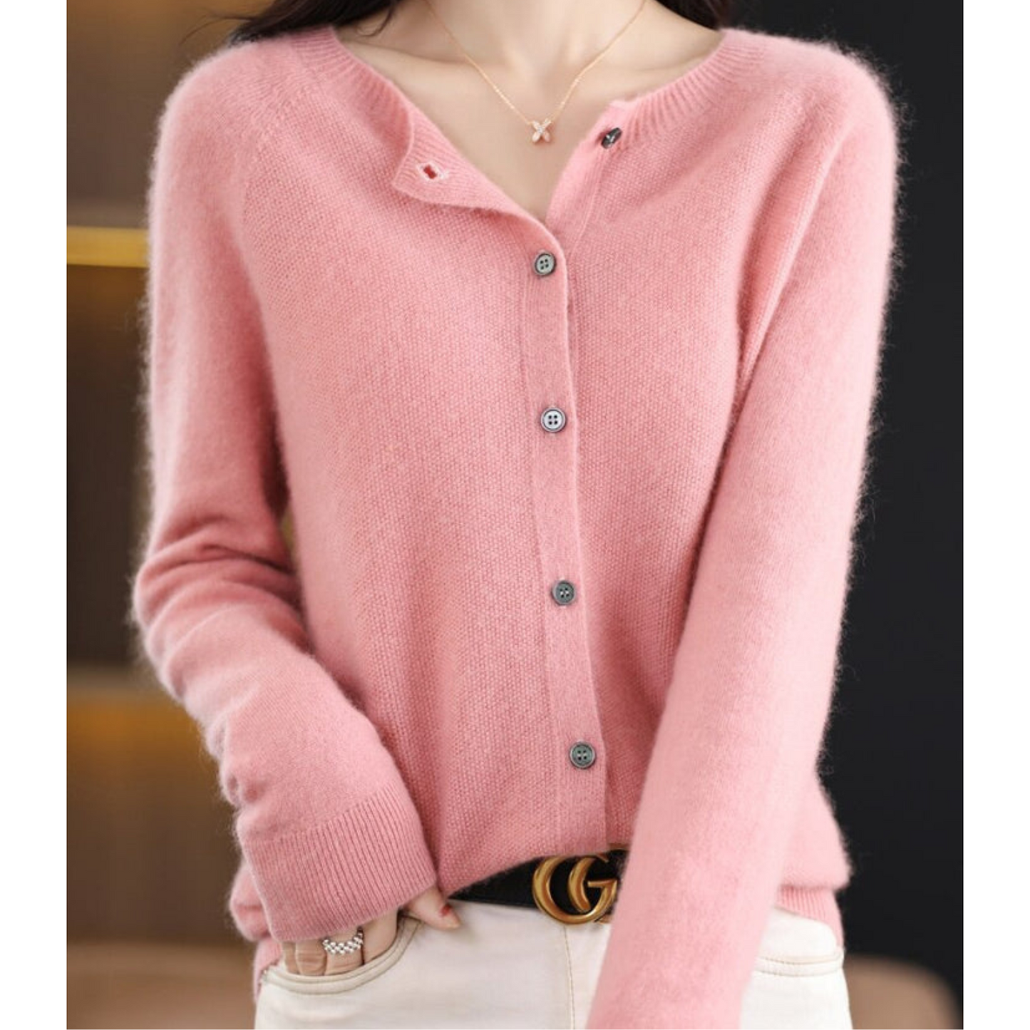 Pure Merino Wool Ladies O-neck Cardigan Sweater Light Pink