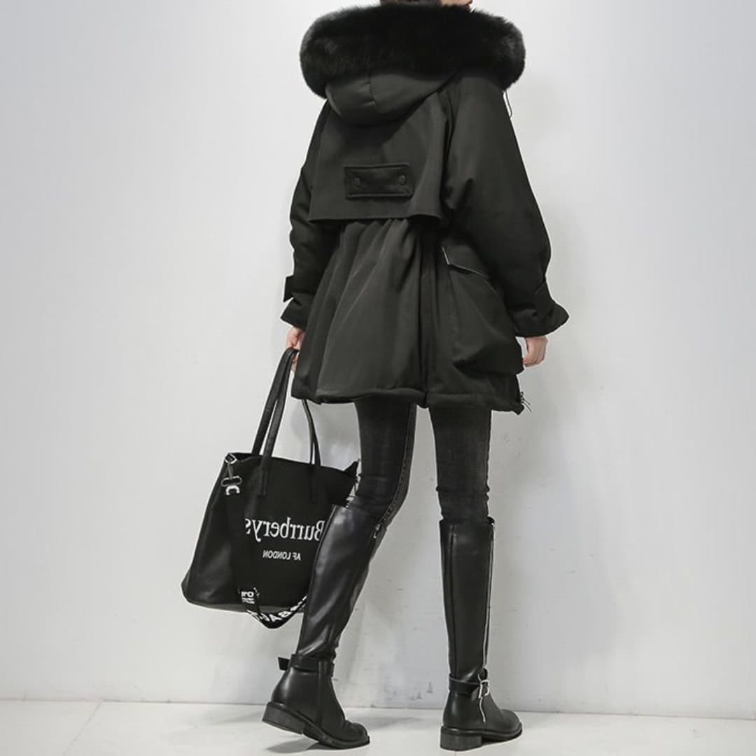 Women's Warm & Stylish Luxurious Fur-Collar Parka, Waterproof Winter Coat Black