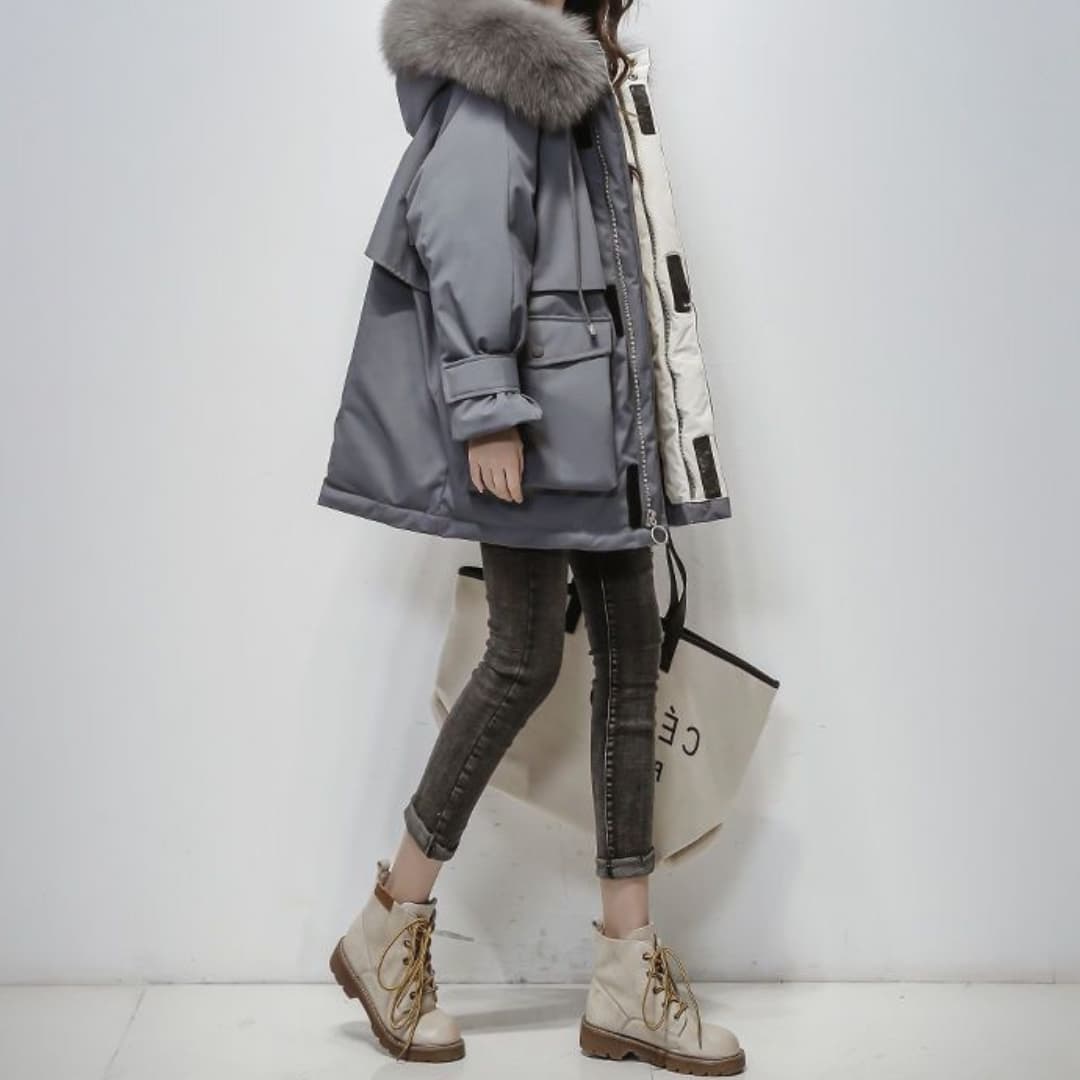 Women's Warm & Stylish Luxurious Fur-Collar Parka, Waterproof Winter Coat Grey